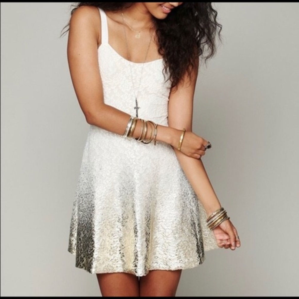 Free People White Lace Dress w/ Gold Foil Ombré xs